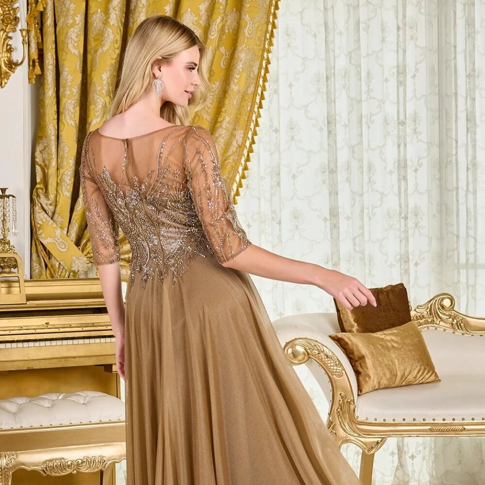 New Beads Embellished Maxi Mother Of Bride Beaded Gown w/ 3/4 Sleeves GL3786 - Picture 10 of 14